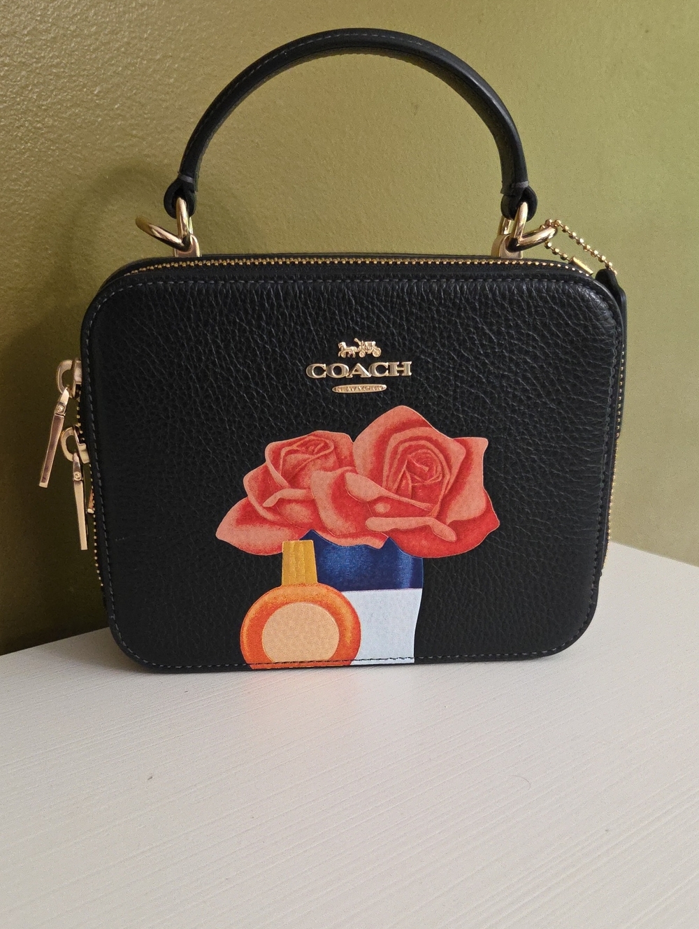 Coach Black Leather Mini Top-Handle Bag with Rose Print Croosboby